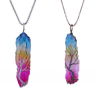 Wire Wrapped TREE OF LIFE  Titanium Coated Rock Quartz Necklace